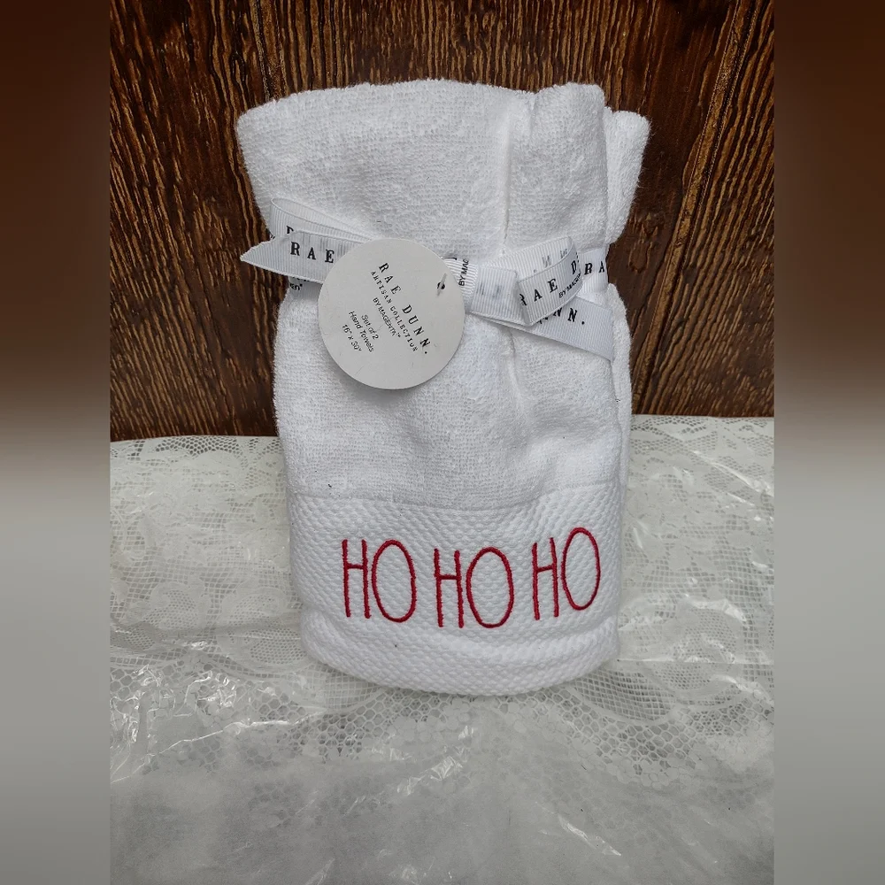 Rae Dunn Christmas Ho Ho Ho White Embroidered Cotton Hand Towels 2 Pack